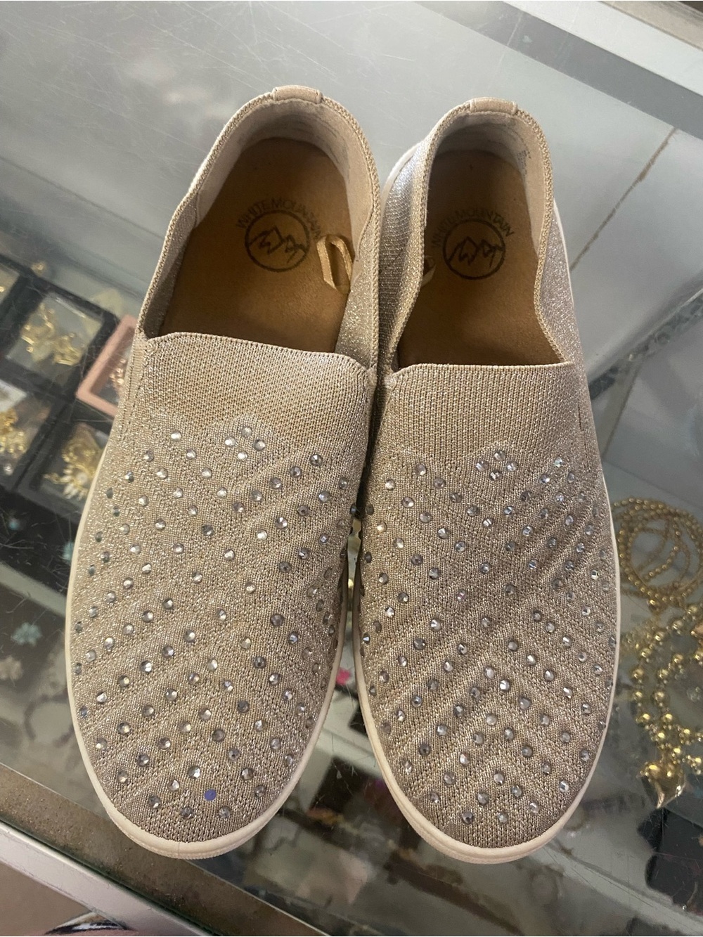 White Mountain Taupe Slip-On Knit Loafers with Rhinestone Accents